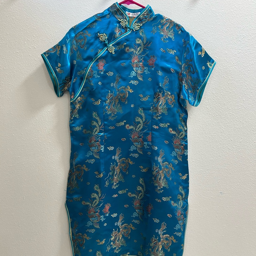 Blue/Aqua and Gold Qipao Cheongsam Dress